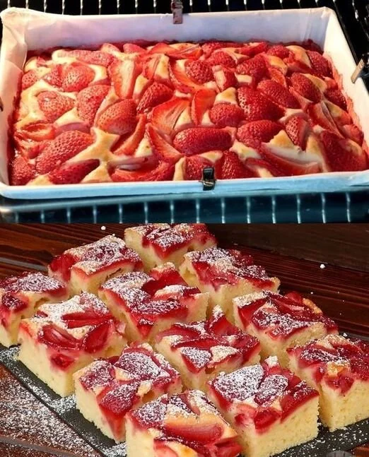 Gesunkener Erdbeer-Blattkuchen in einer Kastenform mit frischen Erdbeeren dekoriert