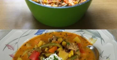 Suppe mit Gemüse und Hackfleisch in einer Schüssel