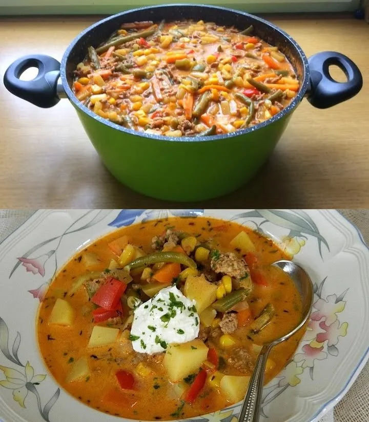 Suppe mit Gemüse und Hackfleisch in einer Schüssel
