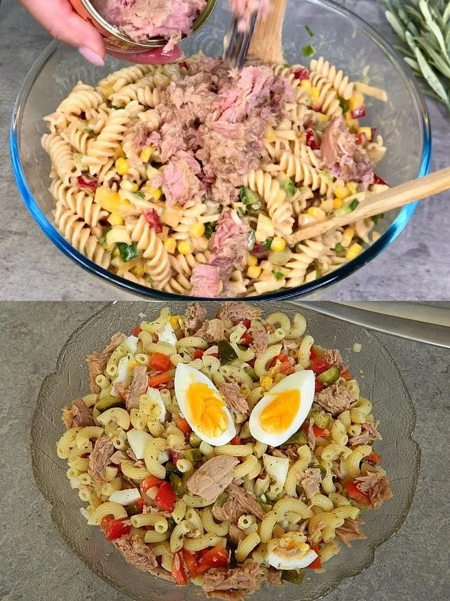 Leckerer Thunfisch-Eiersalat mit frischen Zutaten auf einem Teller.