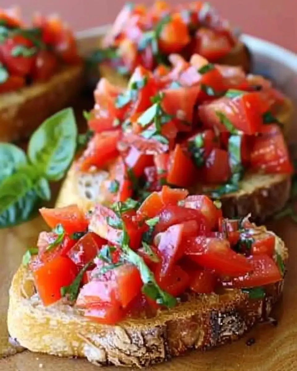 Tomatentoast mit Frühlingszwiebeln und Basilikum auf einem Teller