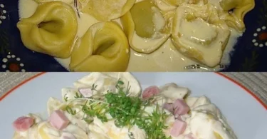 Leckeres Tortellini-Gericht mit Frischkäse und Schinken auf einem Teller serviert.