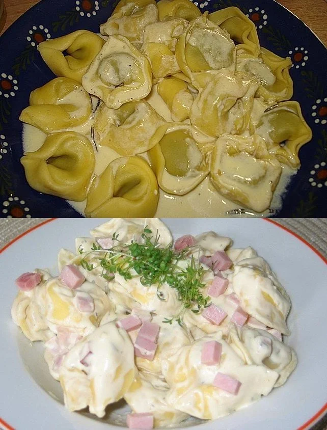 Leckeres Tortellini-Gericht mit Frischkäse und Schinken auf einem Teller serviert.