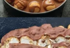 Vanillepudding-Torte mit Mini-Cremepuffs dekoriert für festliche Anlässe
