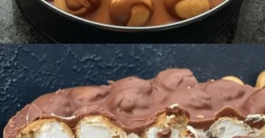 Vanillepudding-Torte mit Mini-Cremepuffs dekoriert für festliche Anlässe