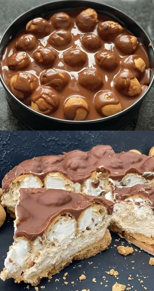 Vanillepudding-Torte mit Mini-Cremepuffs dekoriert für festliche Anlässe