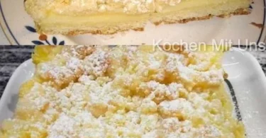 Vanillepuddingkuchen mit Streusel auf einem Teller serviert