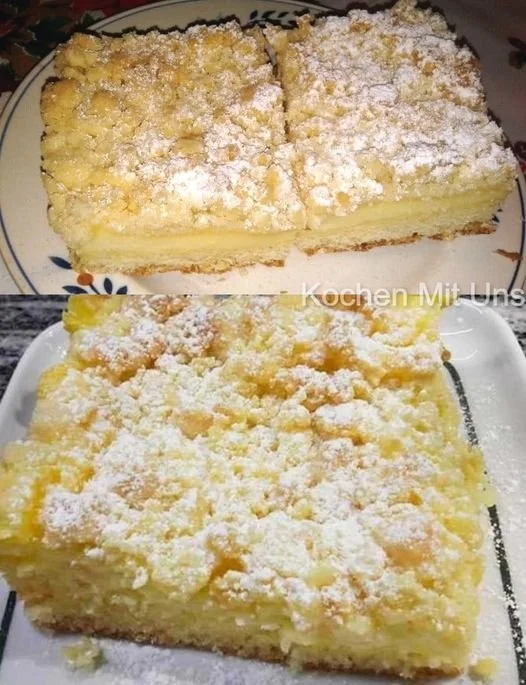 Vanillepuddingkuchen mit Streusel auf einem Teller serviert