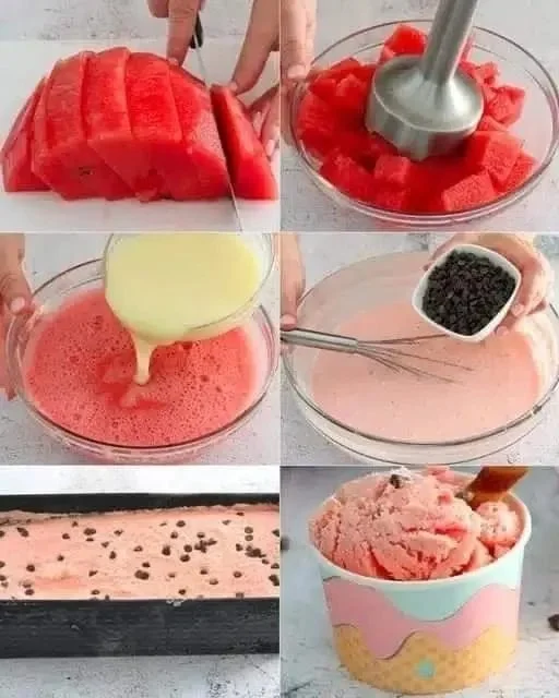 Selbstgemachte Wassermelonen-Eiscreme in einer bunten Schüssel, perfekt für den Sommer.