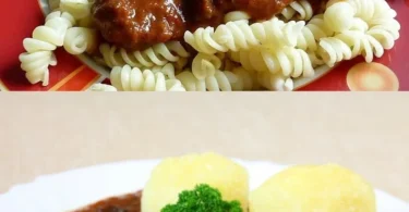 Eine Schüssel Wiener Juice Goulash mit frischen Zutaten und Gewürzen.