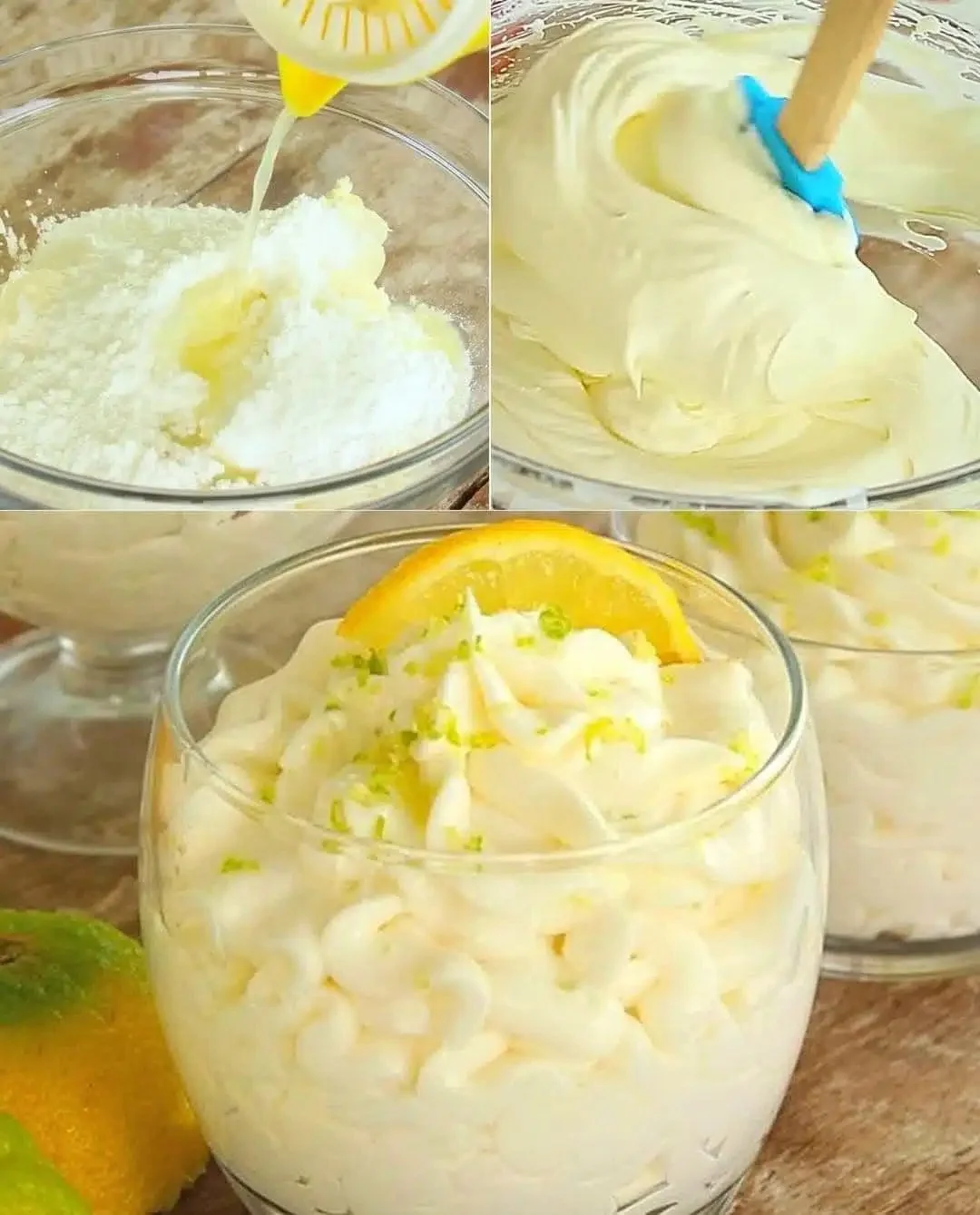 Zitronen-Creme-Käse-Dessert auf einem Teller mit frischen Zitronen