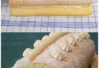 Zarter Zitronen-Swiss-Roll auf einem eleganten Teller serviert.