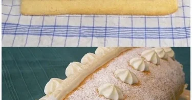 Zarter Zitronen-Swiss-Roll auf einem eleganten Teller serviert.