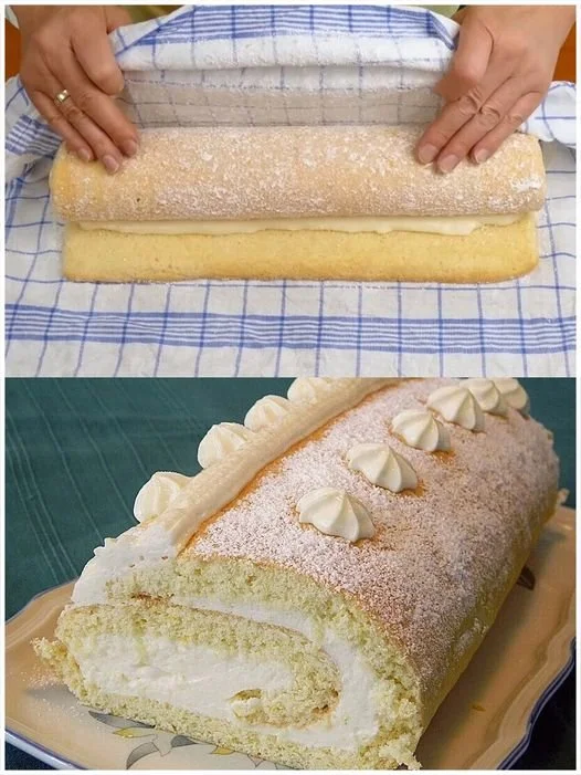 Zarter Zitronen-Swiss-Roll auf einem eleganten Teller serviert.