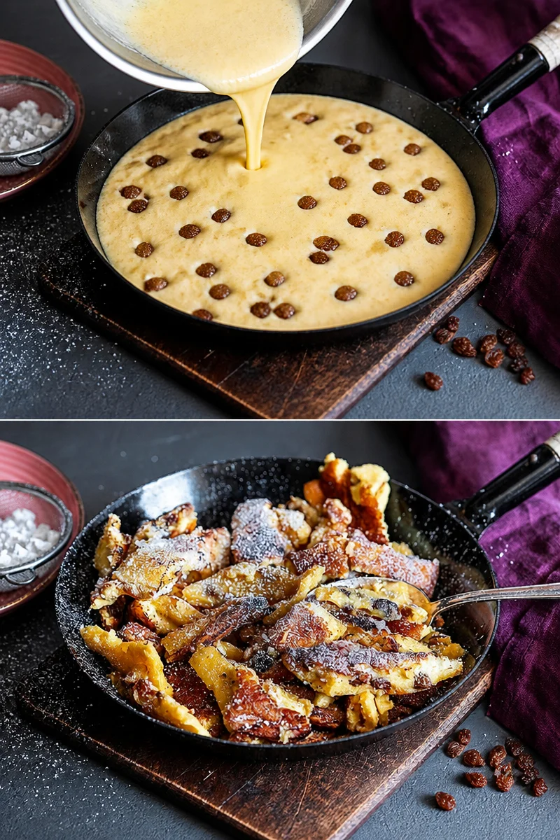Bayerischer Kaiserschmarrn nach Altbaerlis Rezept, serviert mit Früchten.