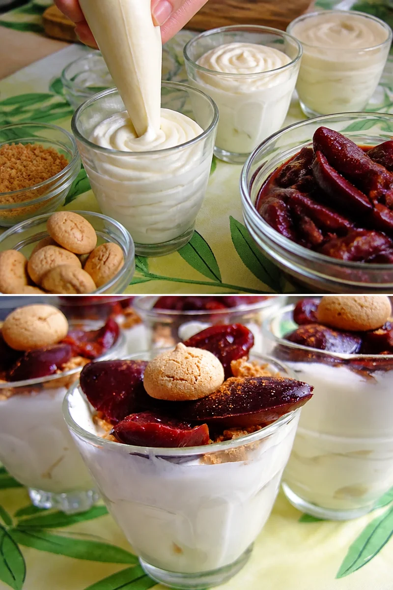 Amaretto Mousse mit Zimt-Pflaumen serviert auf einem eleganten Dessertteller