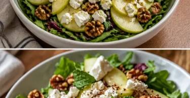 Apfel-Walnuss-Feta-Salat mit frischen Äpfeln, Walnüssen und Feta-Käse.