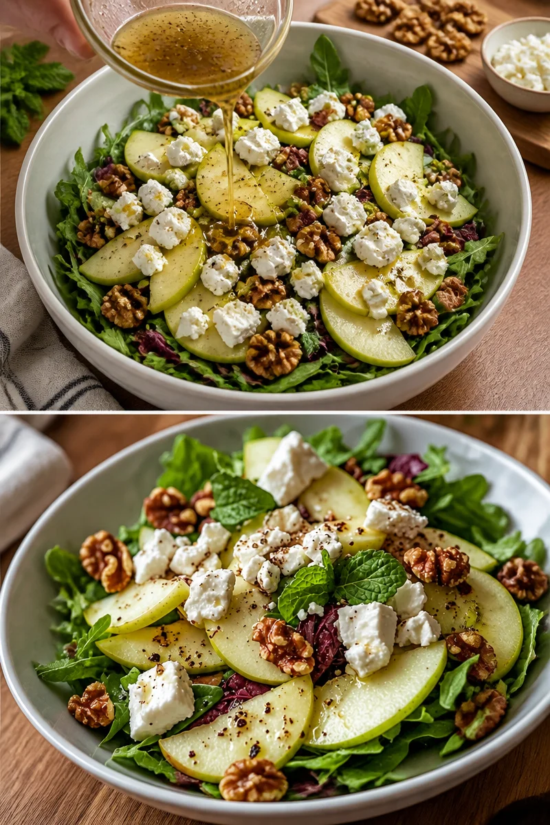 Apfel-Walnuss-Feta-Salat mit frischen Äpfeln, Walnüssen und Feta-Käse.