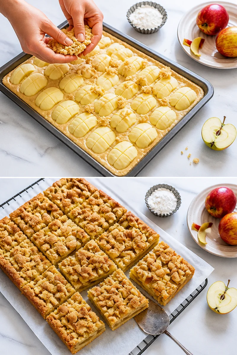 Apfelkuchen mit Streuseln auf einem Tisch serviert