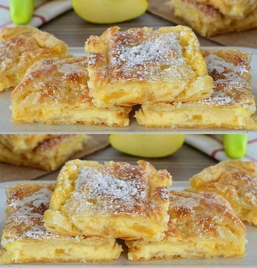 Apfelschnitten mit Vanillepudding auf einem Teller serviert