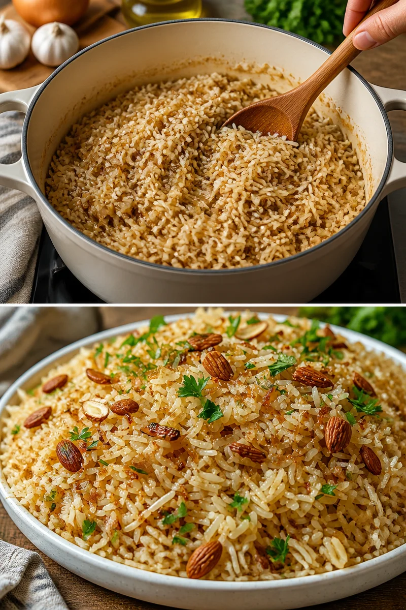 Schüssel mit aromatischem Arabischem Reis, serviert mit Gewürzen und Kräutern.