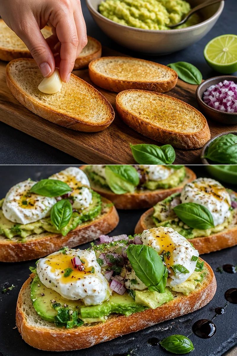 Leckere Avocado Burrata Bruschetta auf einem Holzbrett serviert