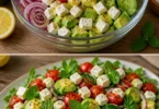 Frischer Avocado-Feta-Salat mit buntem Gemüse und Dressing.