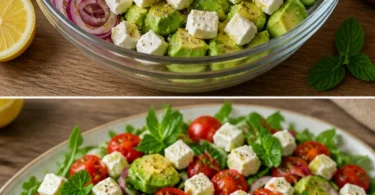 Frischer Avocado-Feta-Salat mit buntem Gemüse und Dressing.