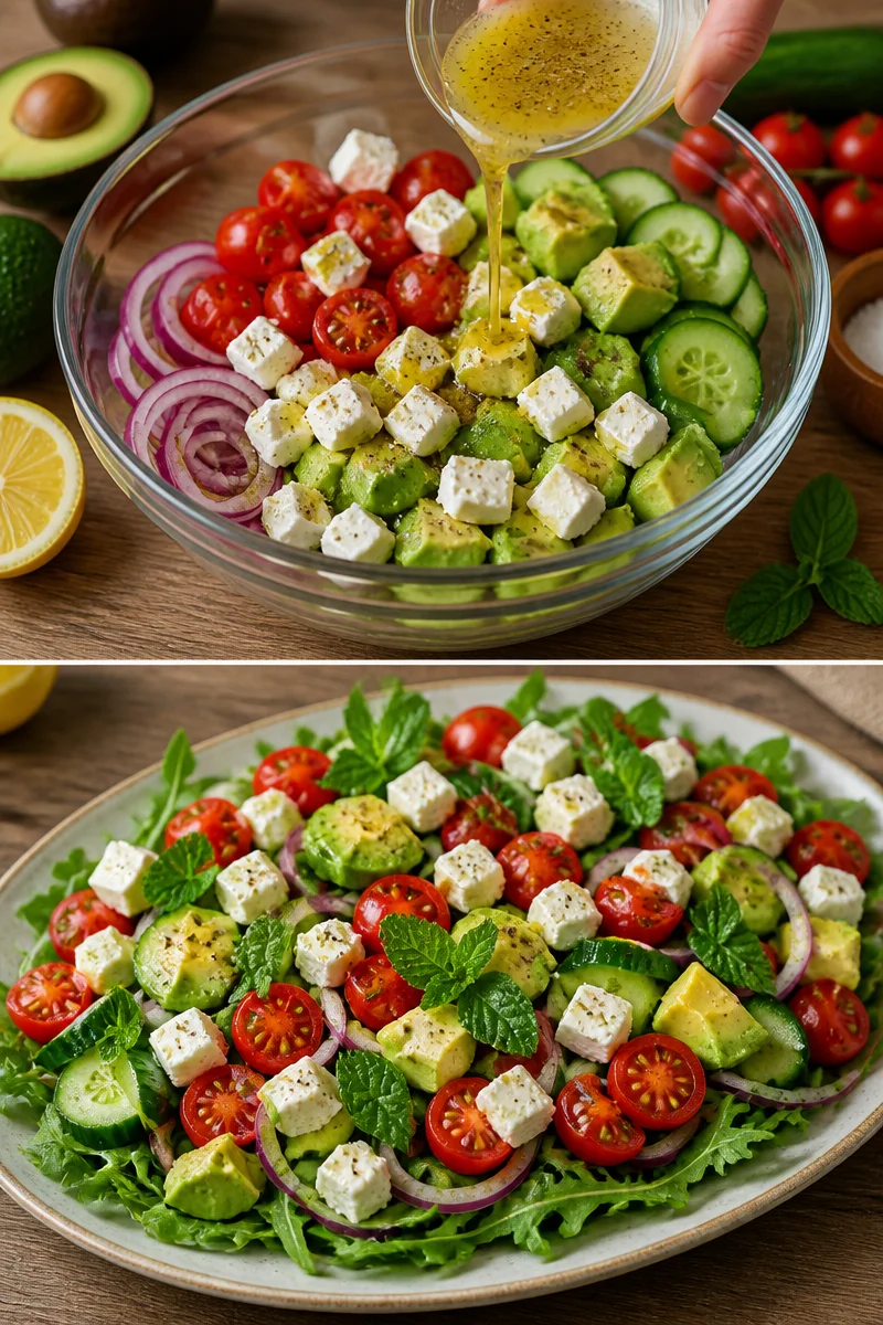 Frischer Avocado-Feta-Salat mit buntem Gemüse und Dressing.