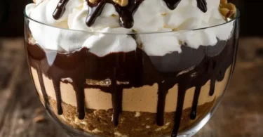 Baileys Schokoladenkäsekuchen-Trifle mit Schokoladenglasur und frischen Zutaten