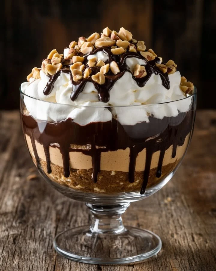 Baileys Schokoladenkäsekuchen-Trifle mit Schokoladenglasur und frischen Zutaten