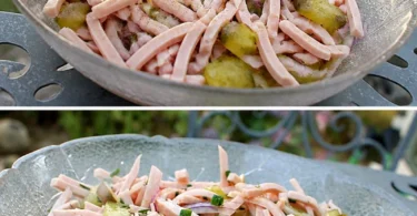 Bayerischer Wurstsalat mit Wurst, Zwiebeln und Essiggurken.