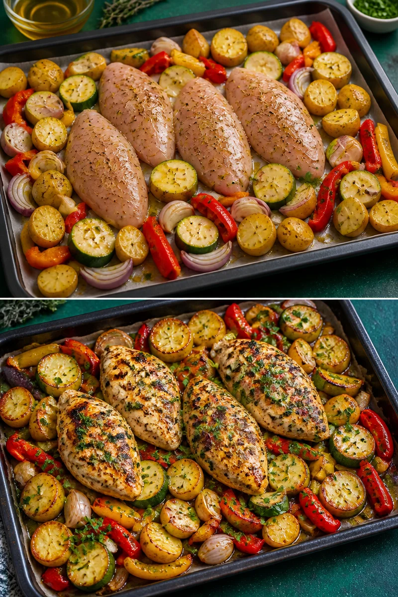Gesunde Blatt-Pfanne mit Hähnchen, Kartoffeln und Gemüse