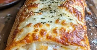 Blätterteig Strudel mit Peperoni und Käse auf einem Holzbrett