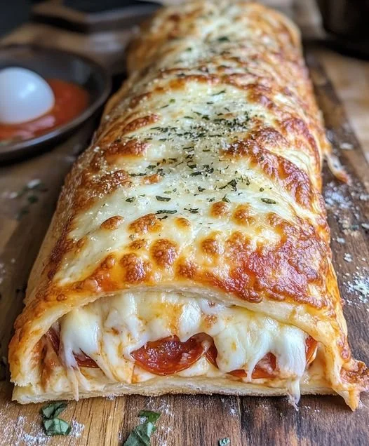 Blätterteig Strudel mit Peperoni und Käse auf einem Holzbrett