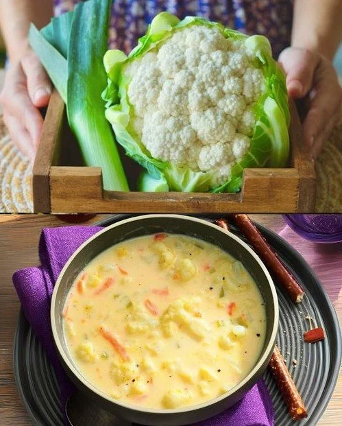 Schüssel mit Blumenkohlsuppe, zubereitet aus 6 Zutaten