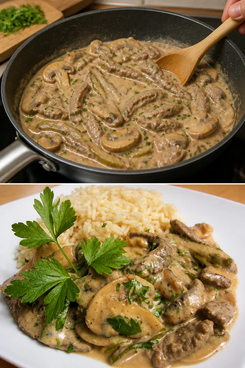 Boeuf Stroganoff mit Nudeln und frischen Kräutern auf einem Teller.