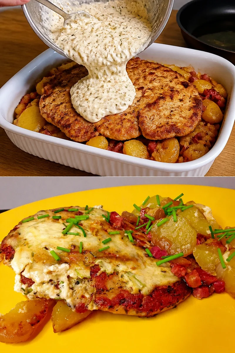 Bratkartoffelauflauf mit Schnitzel serviert auf einem Teller
