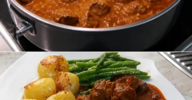 Schüssel mit köstlichem Brauhaus-Gulasch, serviert mit frischem Brot