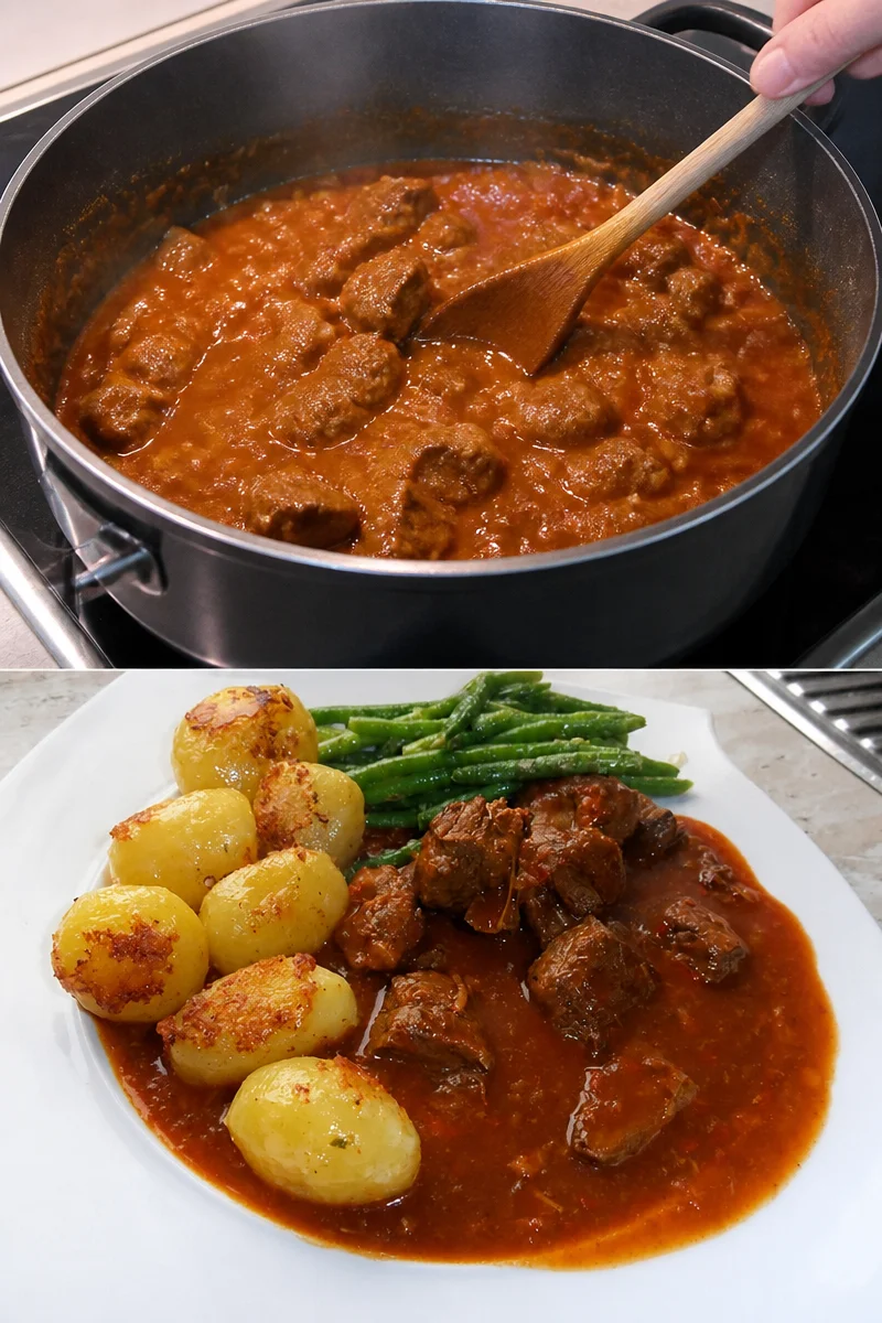 Schüssel mit köstlichem Brauhaus-Gulasch, serviert mit frischem Brot