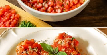 Ein Teller mit traditioneller Bruschetta italiana, belegt mit Tomaten und Basilikum.
