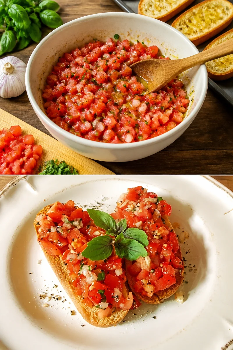 Ein Teller mit traditioneller Bruschetta italiana, belegt mit Tomaten und Basilikum.