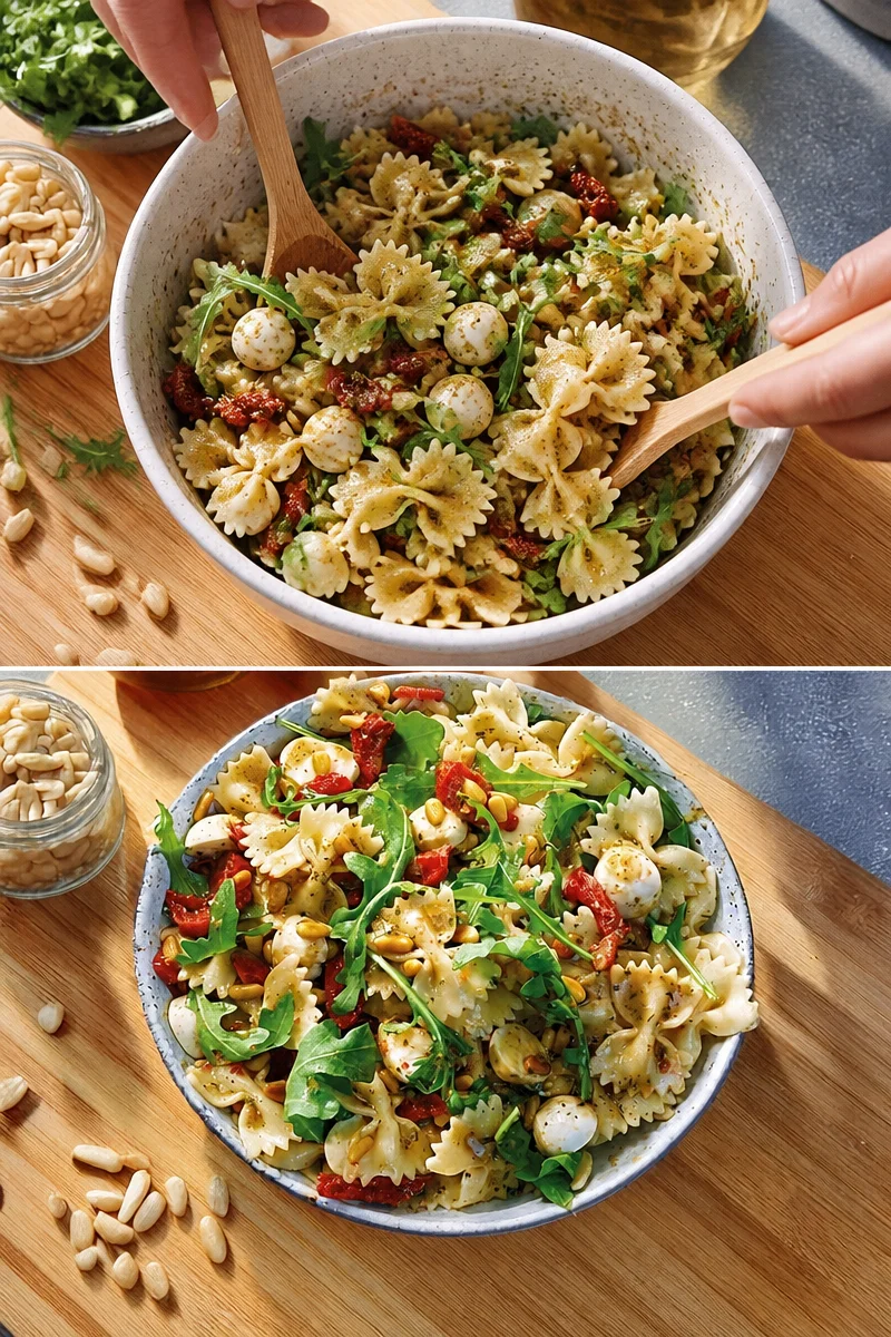 Bunter mediterraner Nudelsalat mit frischem Gemüse und Kräutern