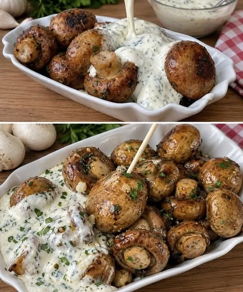 Leckere Champignons wie vom Jahrmarkt, frisch zubereitet und serviert.