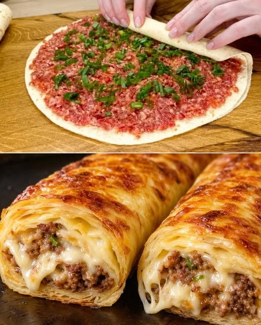 Cheeseburger Puff-Pastete mit saftigem Fleisch und geschmolzenem Käse