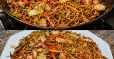 Chinesische Hähnchen Nudeln mit 200 g saftigem Fleisch und frischem Gemüse