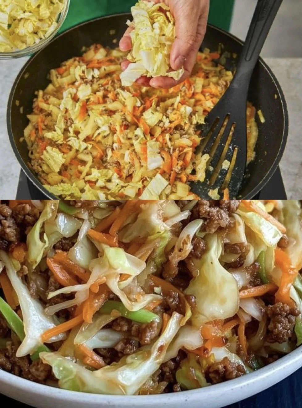 Chinesischer Kohl mit Hackfleisch auf einem Teller serviert