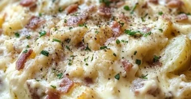 Cremige Carbonara-Kartoffeln auf einem Teller angerichtet