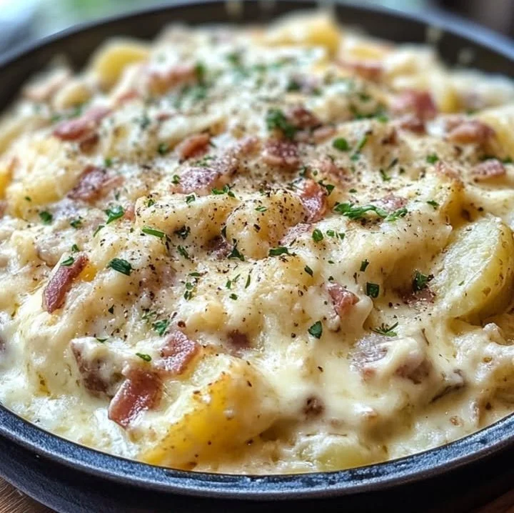 Cremige Carbonara-Kartoffeln auf einem Teller angerichtet
