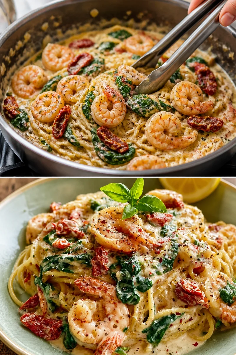 Cremige Garnelen mit getrockneten Tomaten und Spinatpasta auf einem Teller serviert